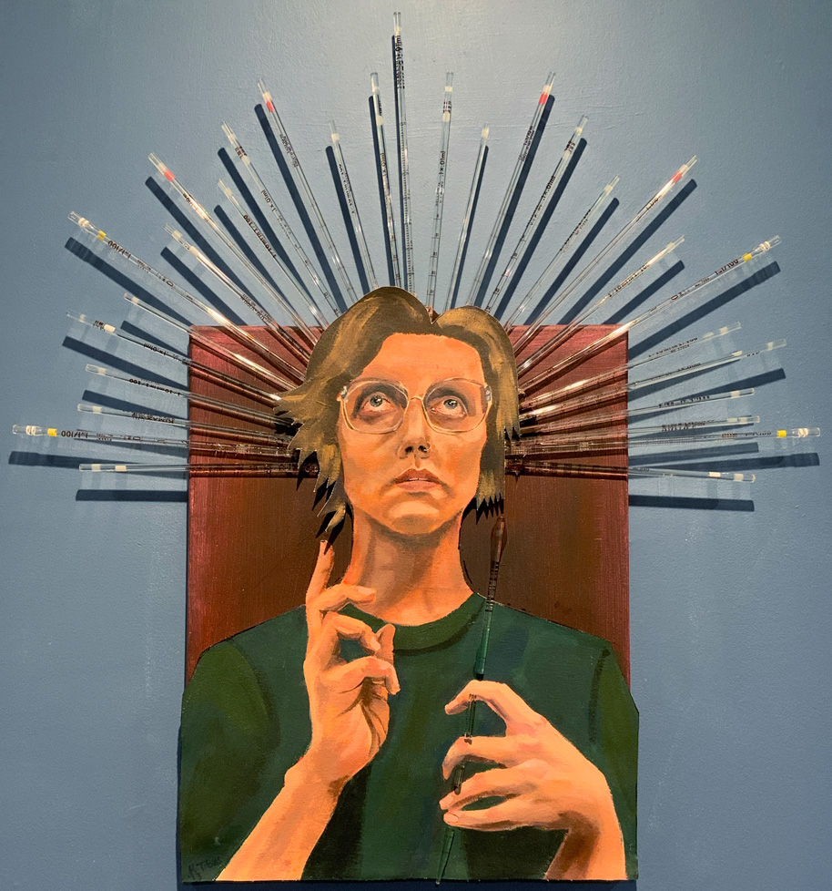 painted self-portrait with glass tubes