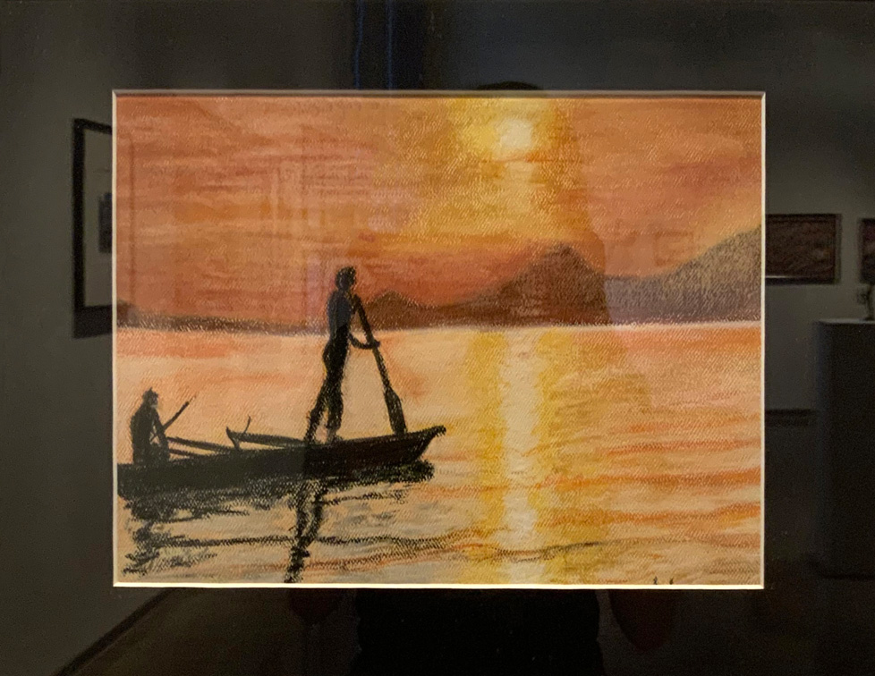 chalk drawing of men in rowboat at sunset