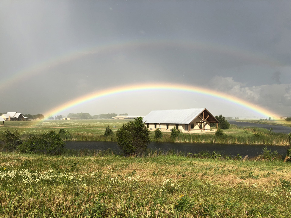 color photo of rainbow over house