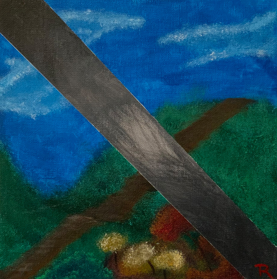 painting of landscape with gray line across it