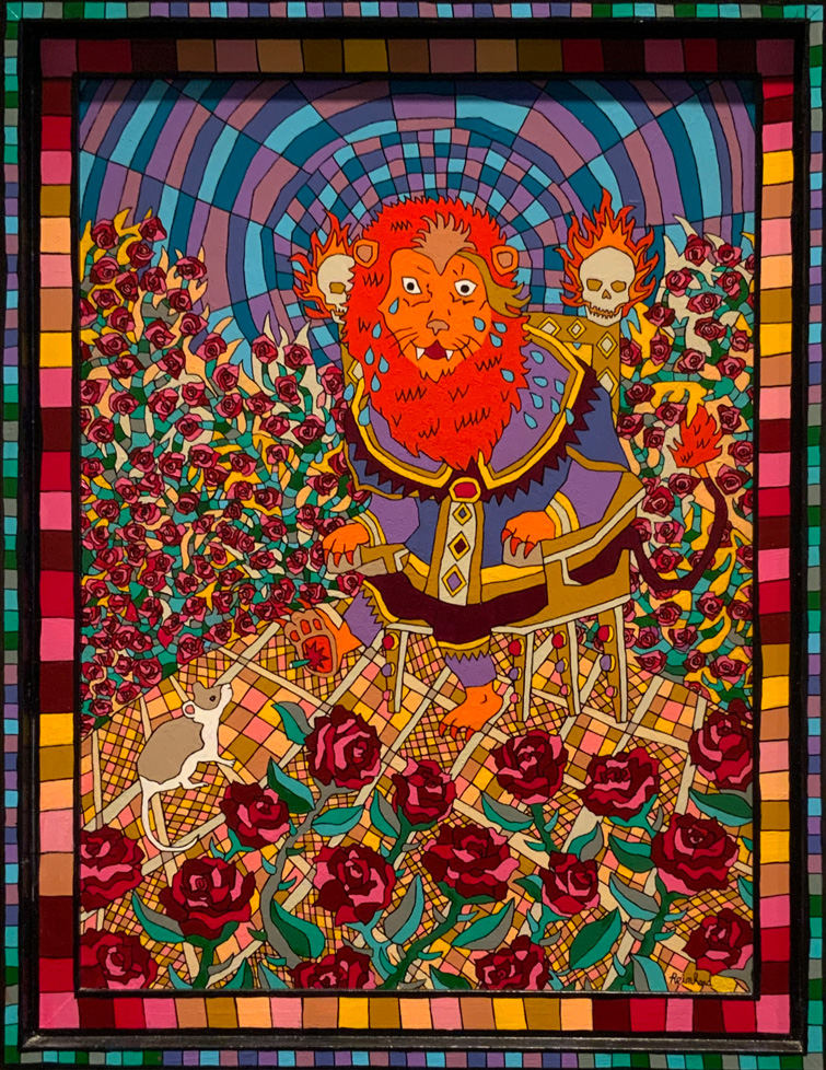 colorful painting of lion and roses