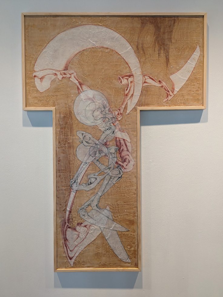 painting of bones on wood panel, T-shaped