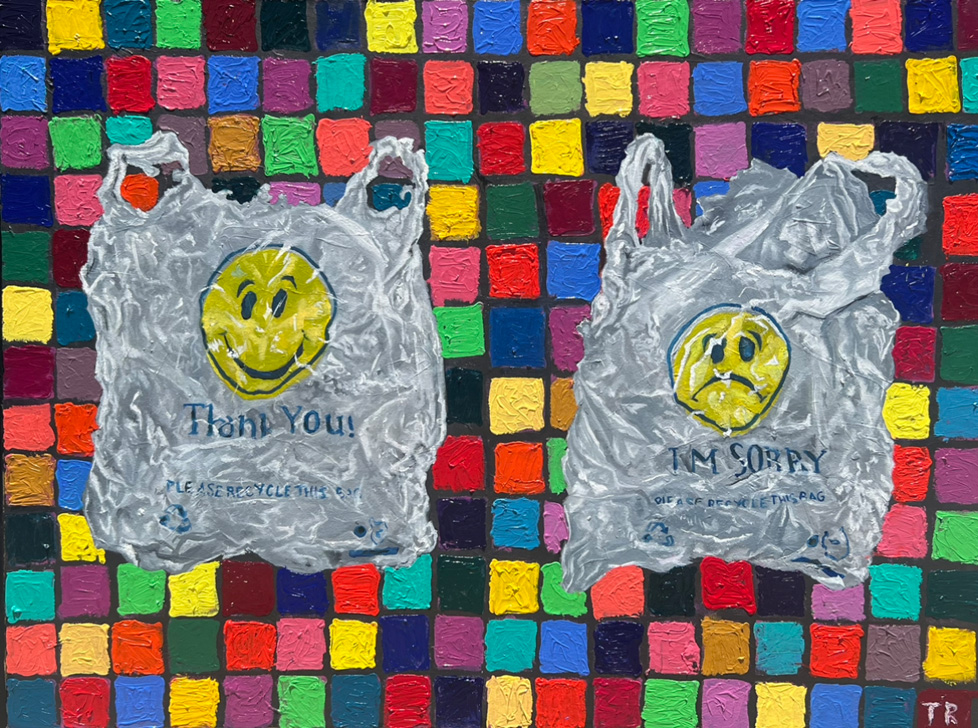 painting of store plastic bags, one with smiley face and one frowny