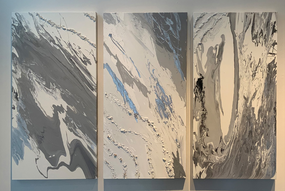 triptych of 3 vertical abstract paintings in gray and white