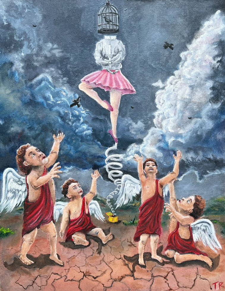 painting of floating figure with bird cage head and cherubs