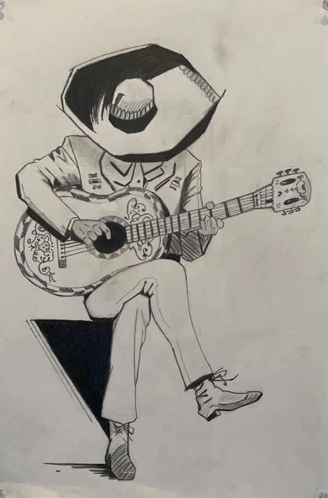 drawing of man in sumbrero playing guitar