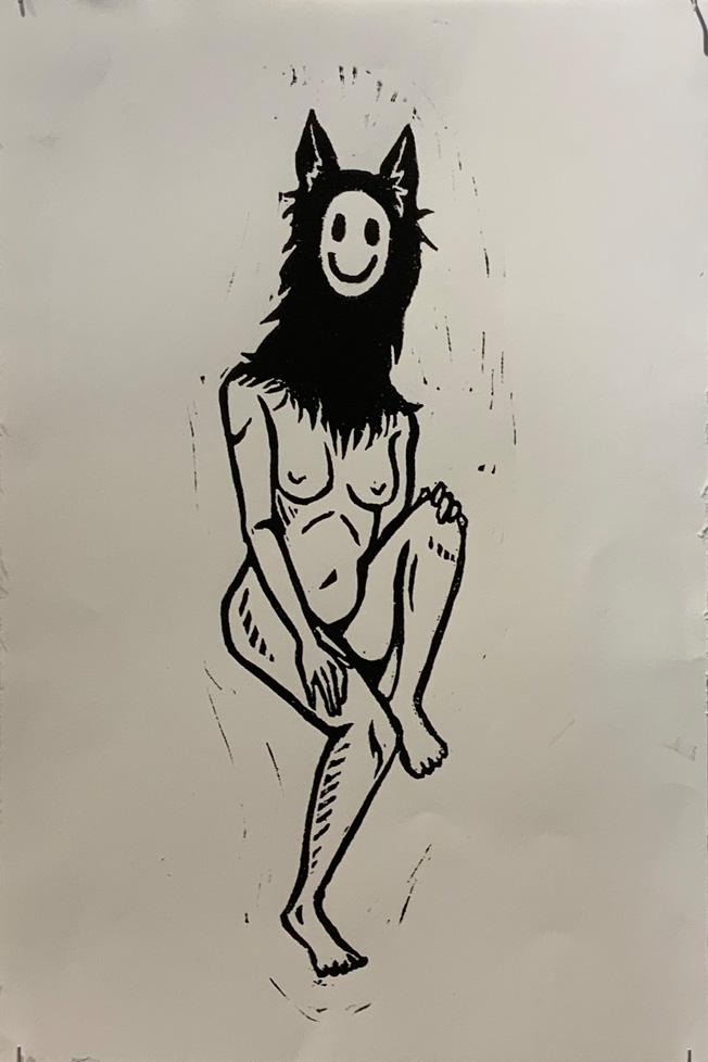 print of nude figure, raising one leg (bent), furry animal head with smiley-face mask