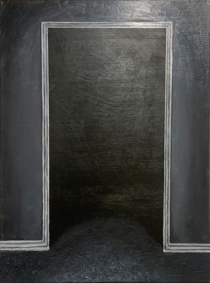 painting of dark doorway, all in black, white, and gray