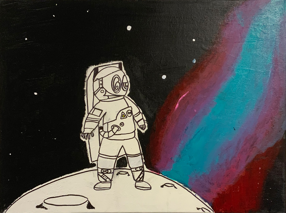 drawing of astronaut standing on planet with painted spacescape behind