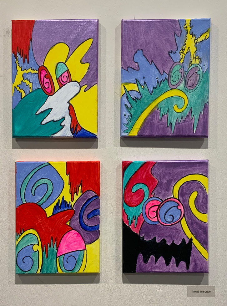 grid of four paintings on canvas, colorful abstracts