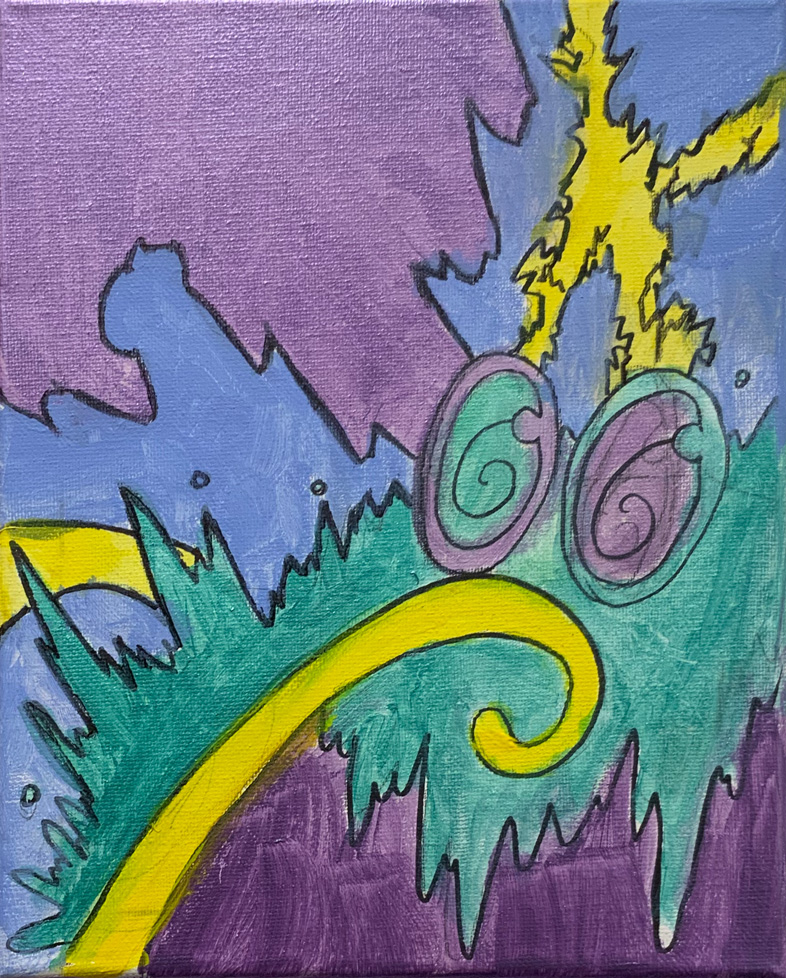 abstract painting, yellow, purple, and green