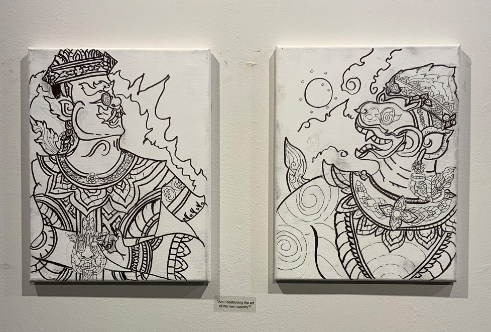 diptych of b/w line drawings on canvas, traditional-looking figures