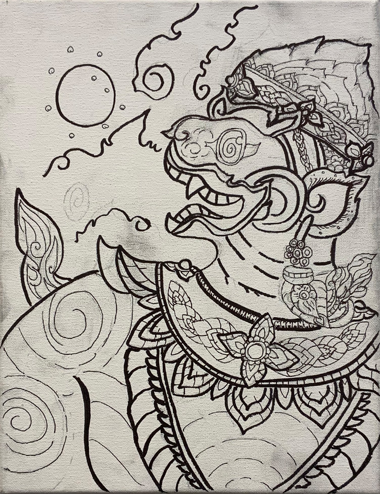 b/w line drawing of traditional figure on canvas