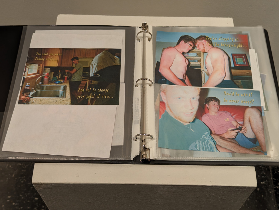 binder interior: 3 photos with lyrics printed on them