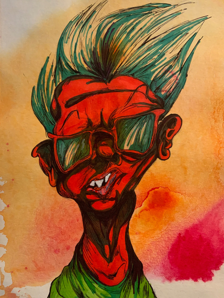 painting of red face in sunglasses with green hair