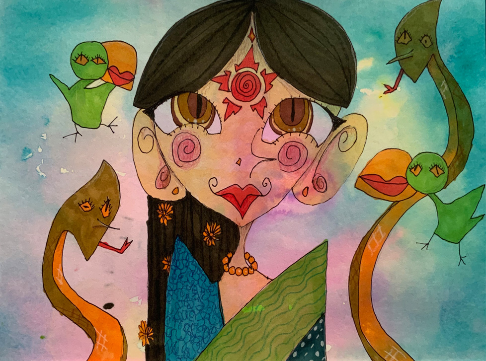 woman with star on forehead,  snakes and birds