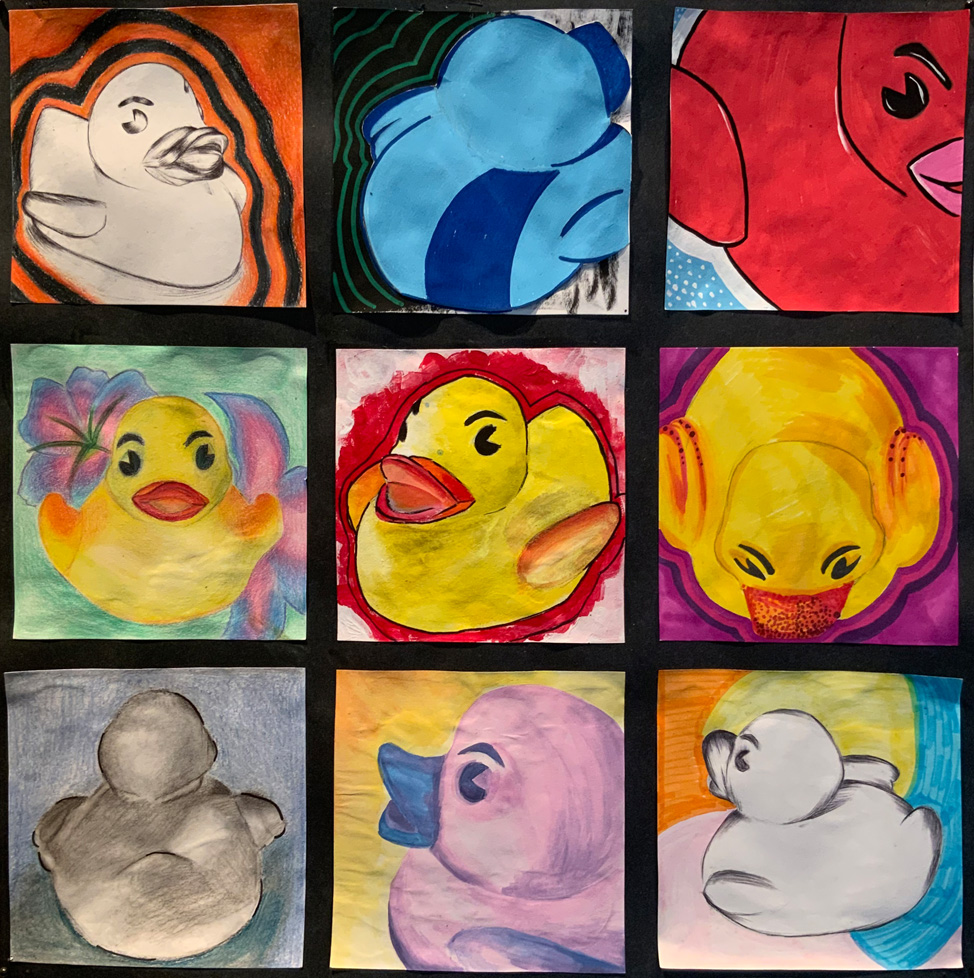 grid of 9 rubber ducks