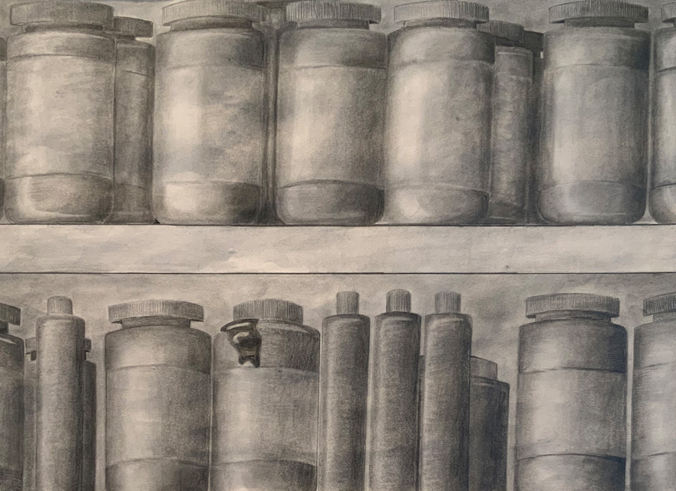 pencil drawing of bottles on shelf