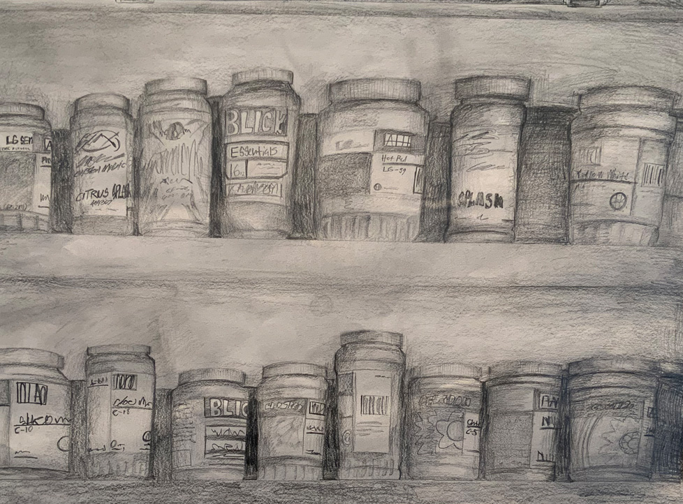 pencil drawing of bottles on shelf