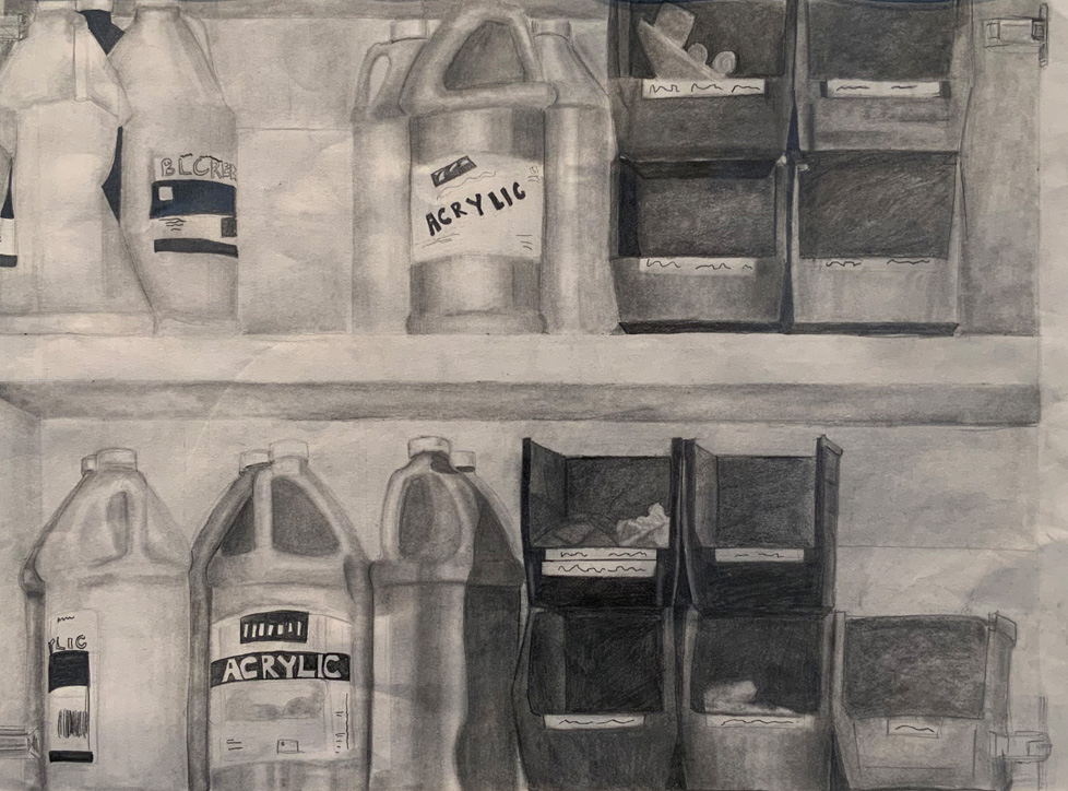 pencil drawing of jugs and bins on shelves