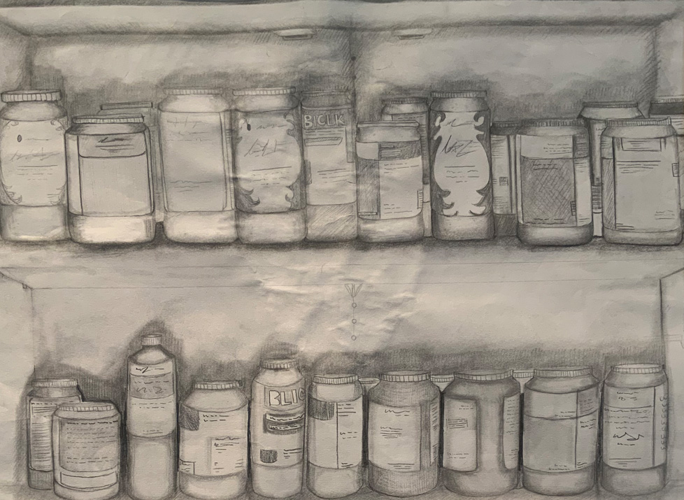 pencil drawing of bottles on shelves