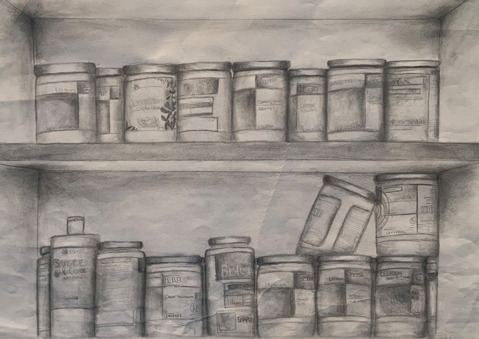 pencil drawing of bottles on shelves