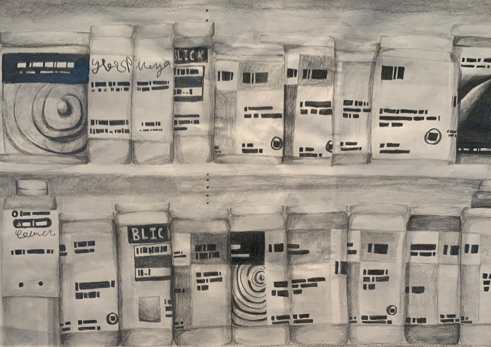 pencil drawing of art supplies on shelves