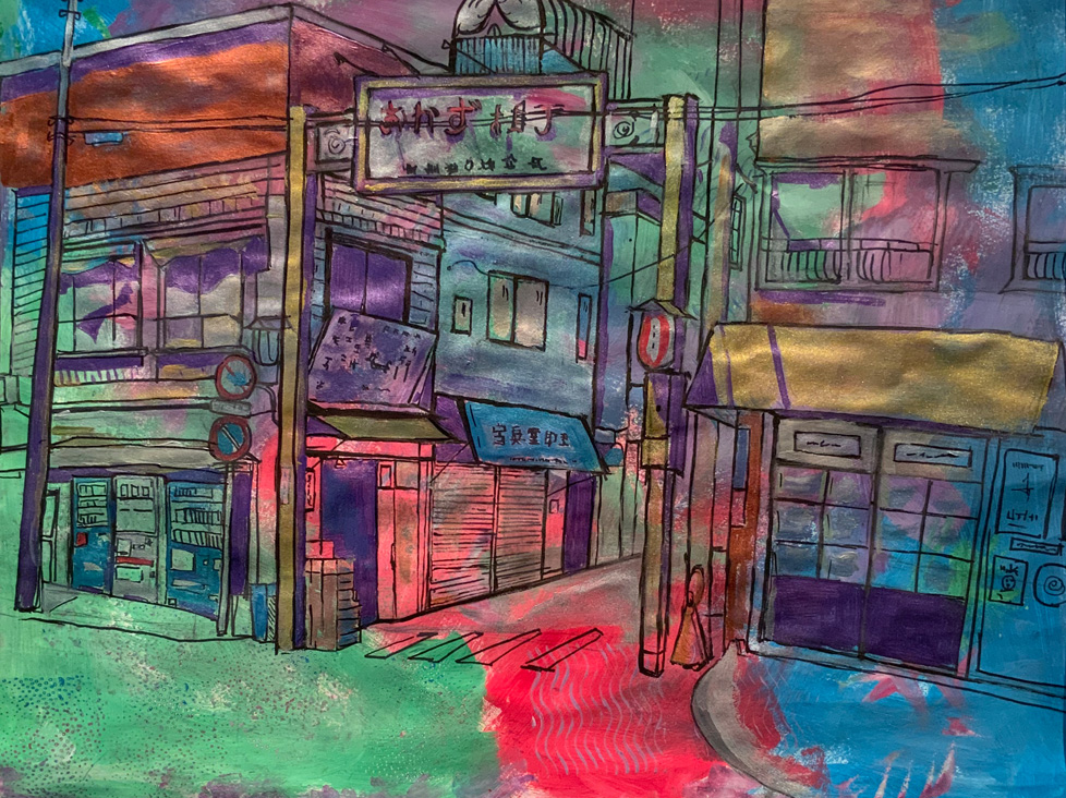 street scene drawn over washes of color