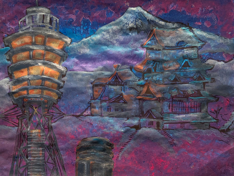 lighthouse, purple mountains