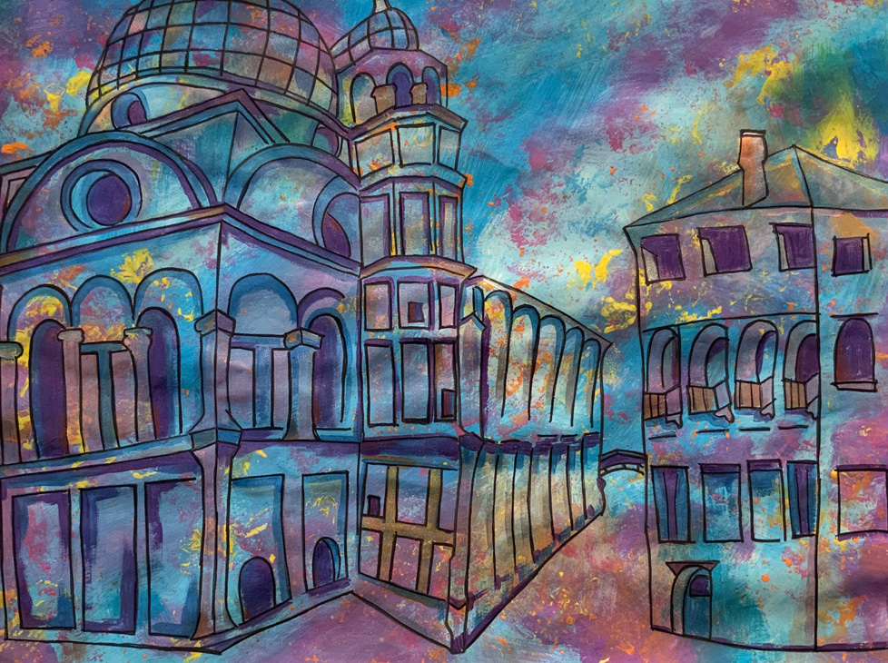 buildings drawn over color washes