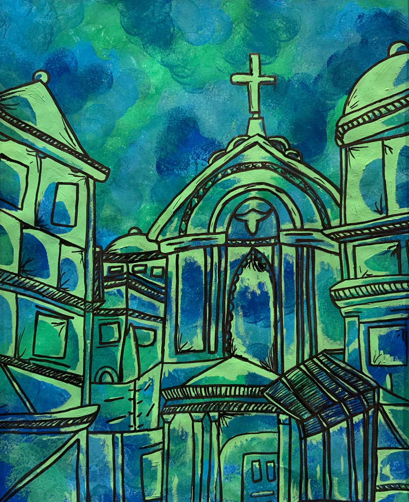 green and blue church