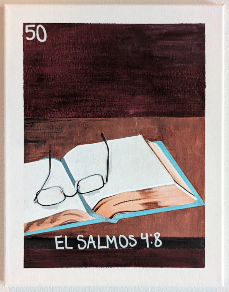 painting of open book with glasses resting on top of the pages