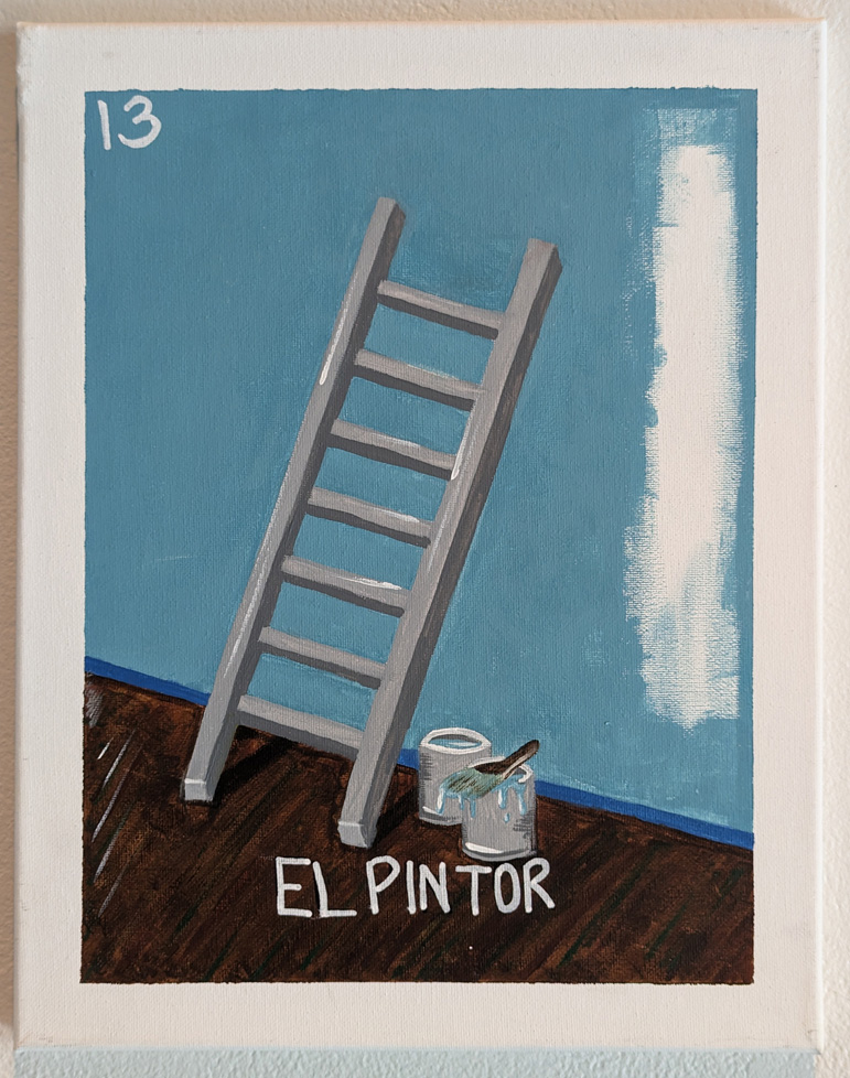 painting of wall with ladder, paint cans, and a brush