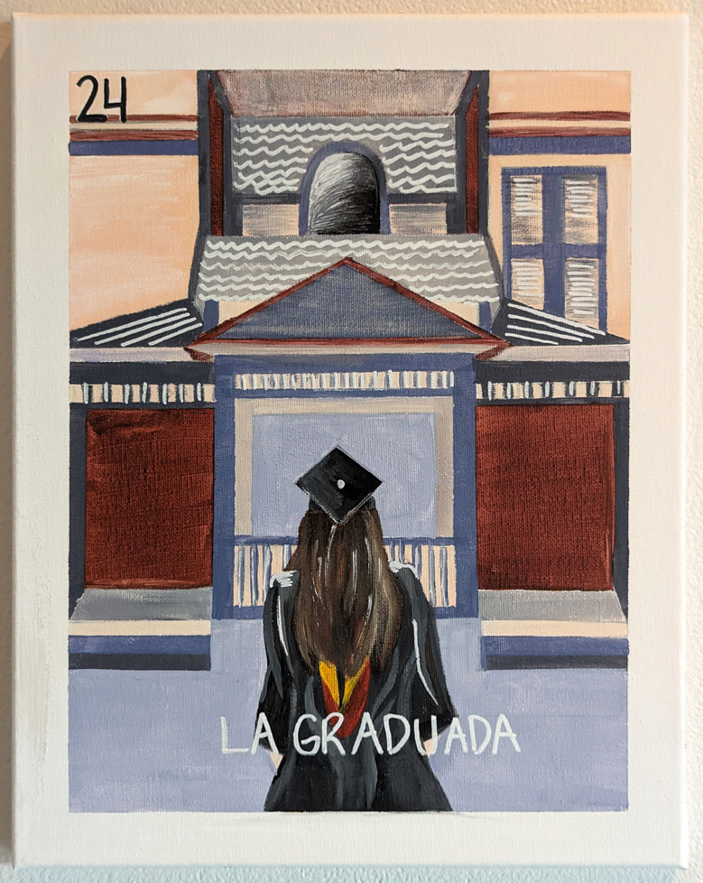 painting of woman in cap and gown, seen from behind, in front of a building