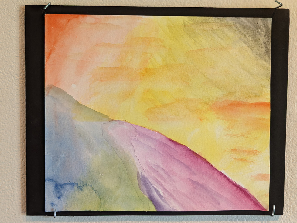 original watercolor: colorful hill with yellow sky