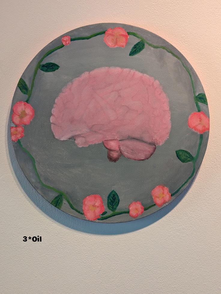 oil painting of brain with flowers on round canvas