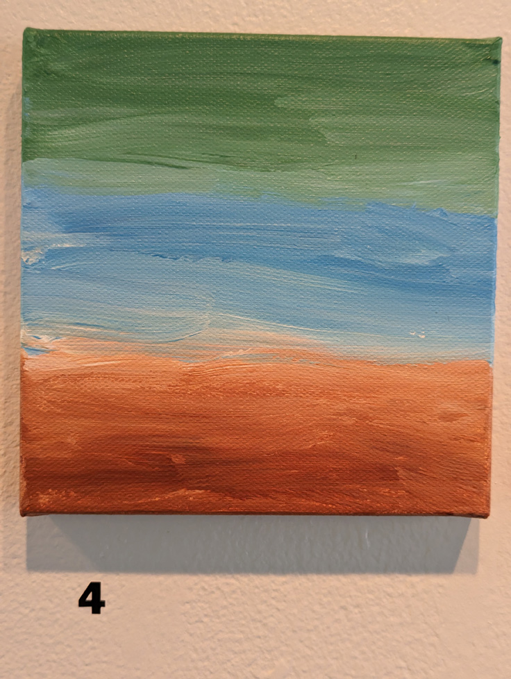 abstract painting, green blue and brown bands on square canvas