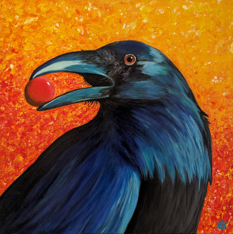 painting of raven holding something round and red in beak, orange background, square canvas