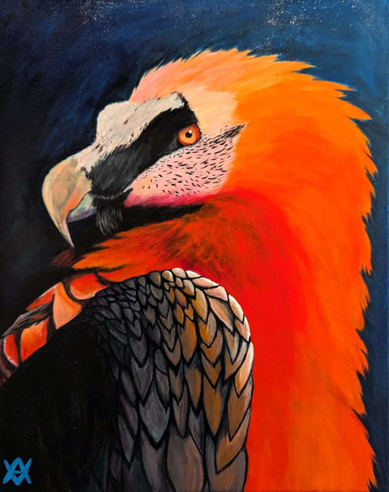 painting of vulture, portrait-style, with orange feathers and blue background