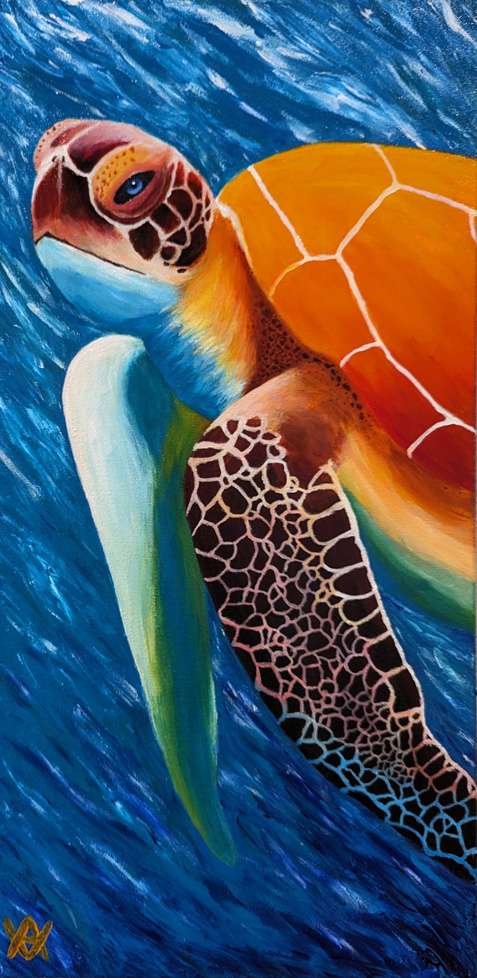 vertical painting of turtle swimming, mostly head and front legs