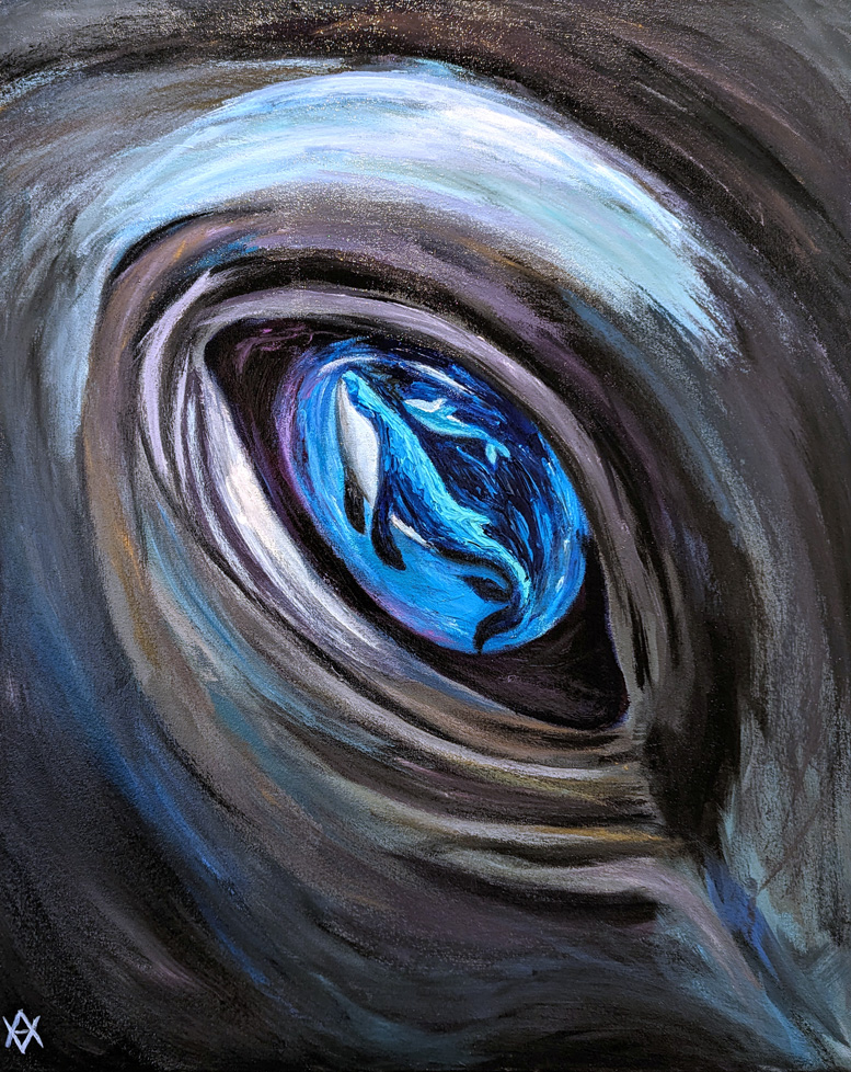 painting of whales eye close up with reflection of a whale