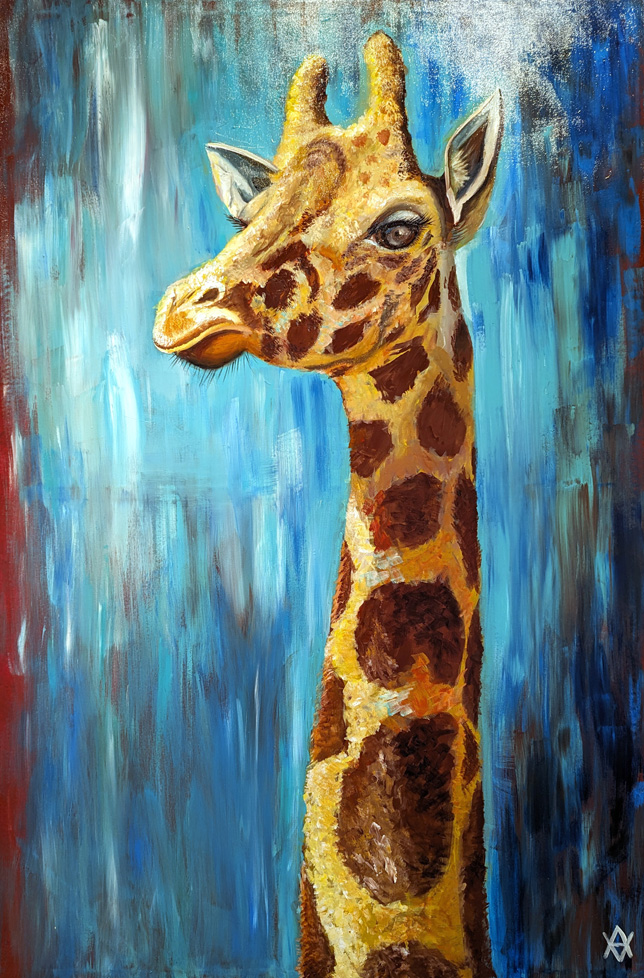 painting of giraffe, head and neck with blue bacground