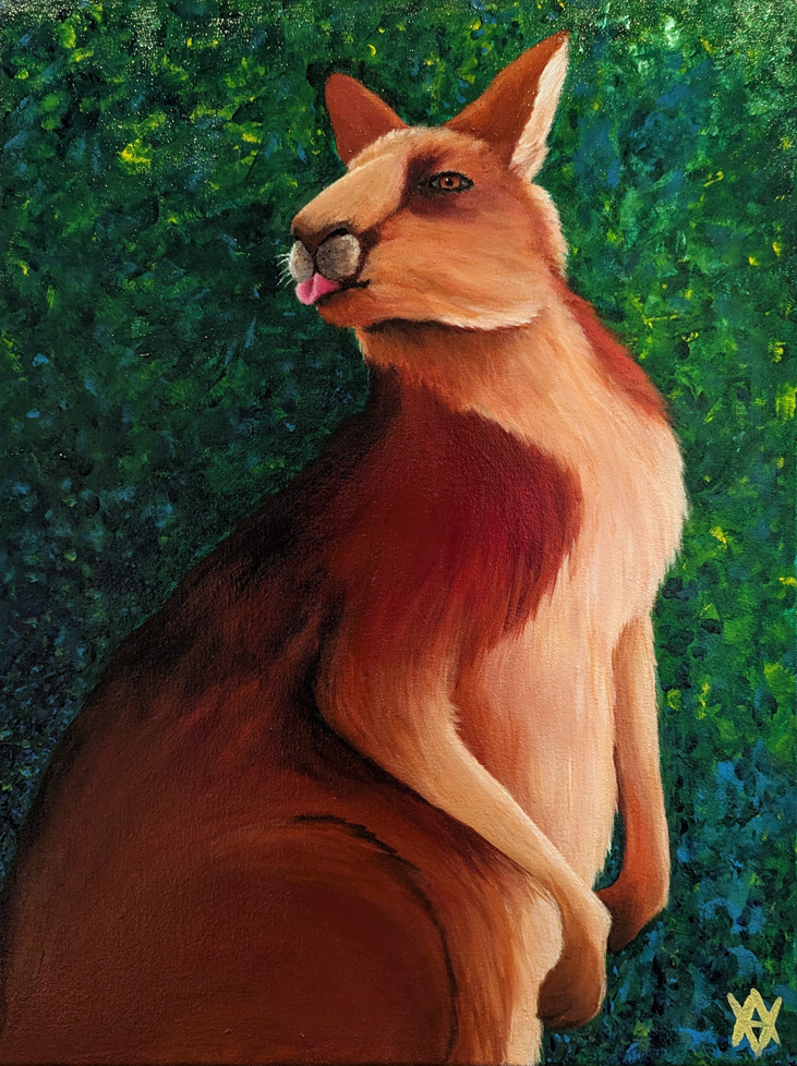 painting of kangaroo with tongue out in front of green shrub