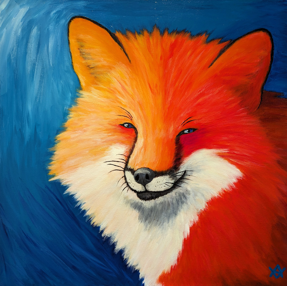 painting of fox head and face with blue background