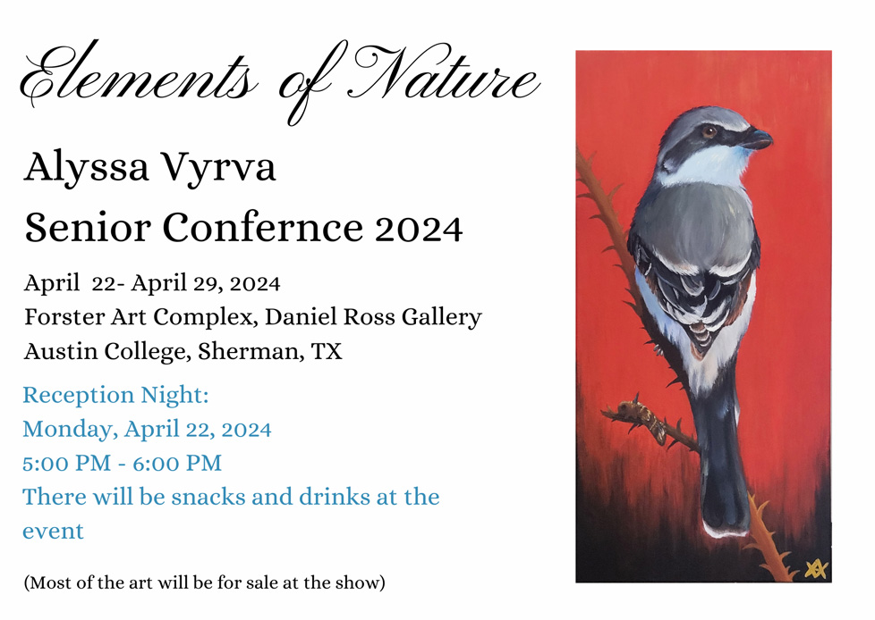 title, artist, and dates for show/reception with "Little Death" painting