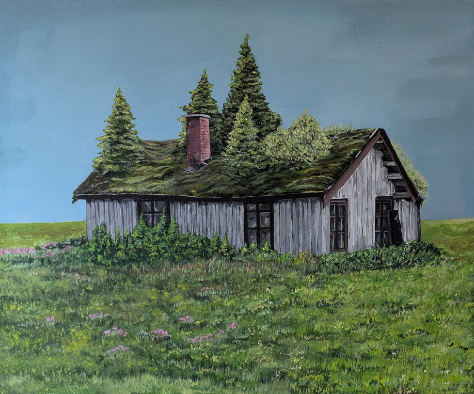painting of cabin with trees on roof