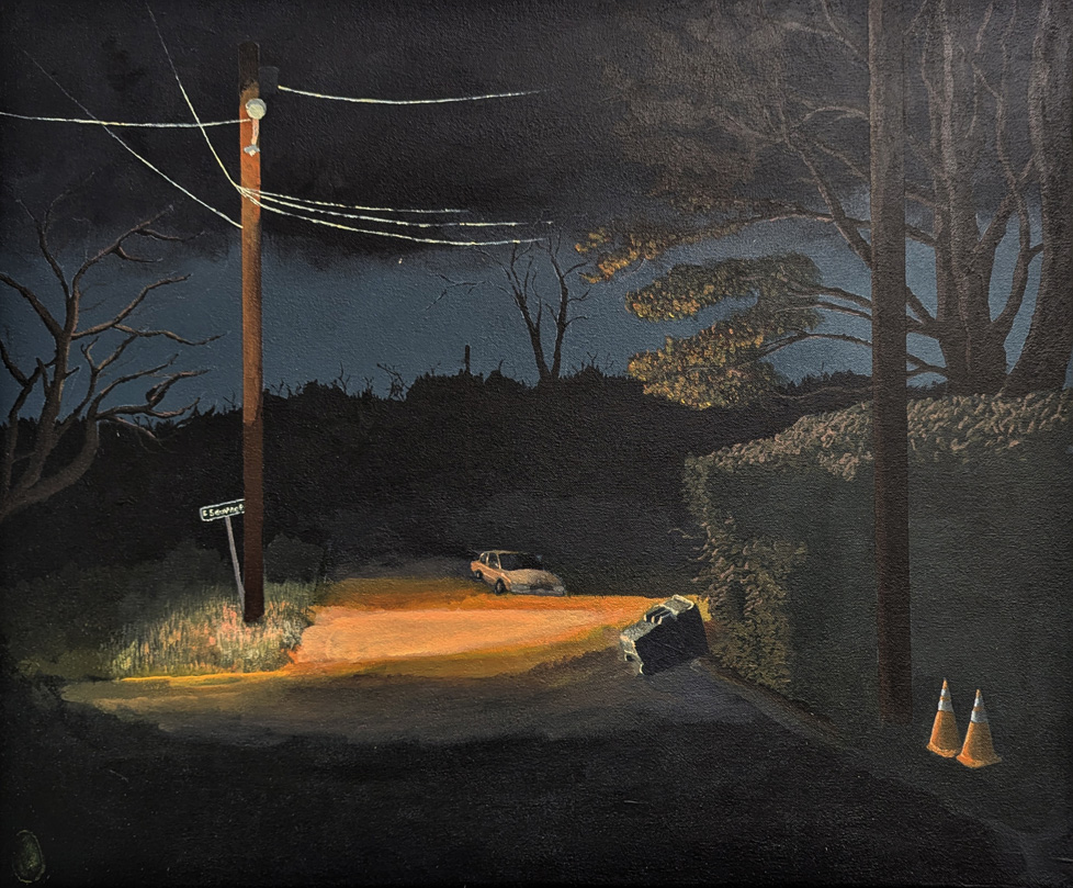 painting of suburban street at night