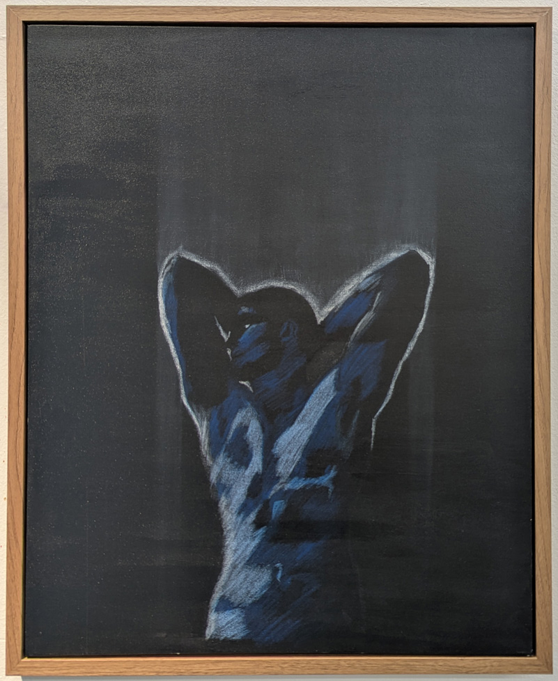painting of male torso in blue on black ground