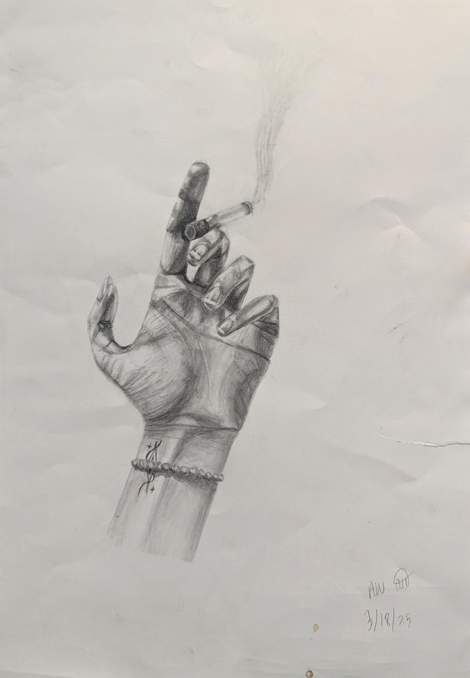 pencil drawing of hand holding cigarette