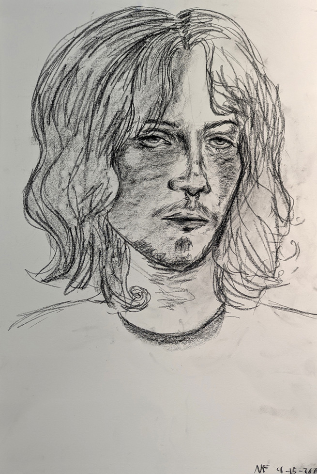 portrait drawing of male with long hair